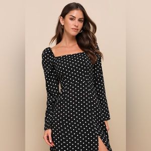 Lulus Charmed and Classy Black Polka Dot Long Sleeve Midi Dress